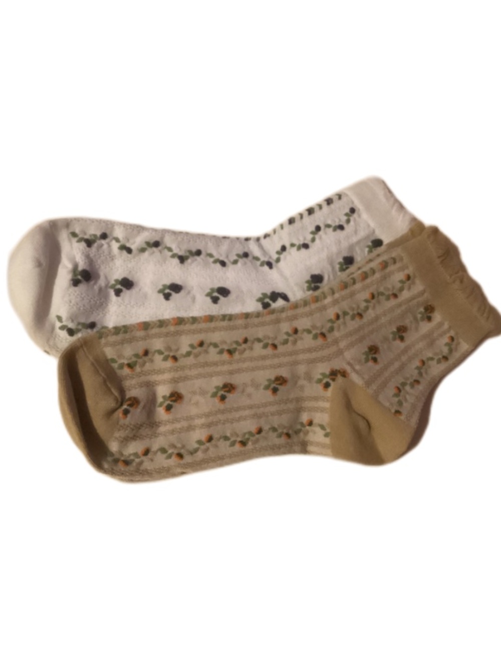 White & Gold Floral Ruffled Crew Socks for Women